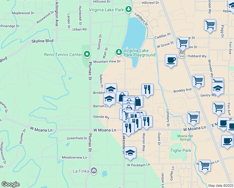map of restaurants, bars, coffee shops, grocery stores, and more near 1057 Brinkby Avenue in Reno