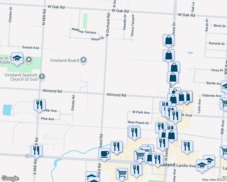 map of restaurants, bars, coffee shops, grocery stores, and more near 1390 Almond Road in Vineland