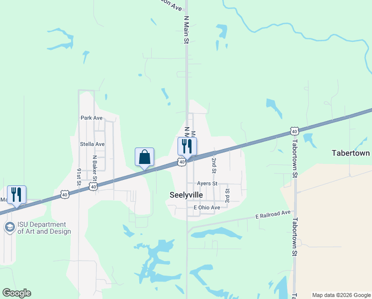 map of restaurants, bars, coffee shops, grocery stores, and more near 2301-2457 North Main Street in Terre Haute