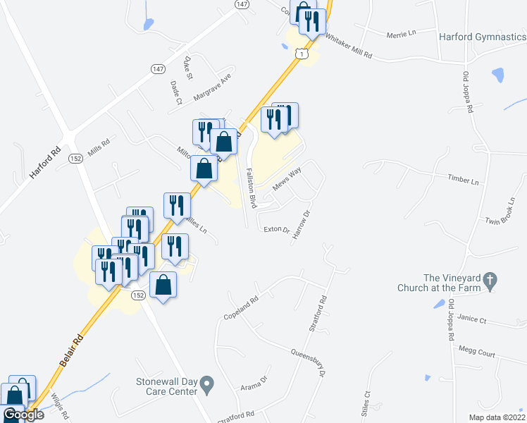 map of restaurants, bars, coffee shops, grocery stores, and more near 1866 Exton Drive in Fallston