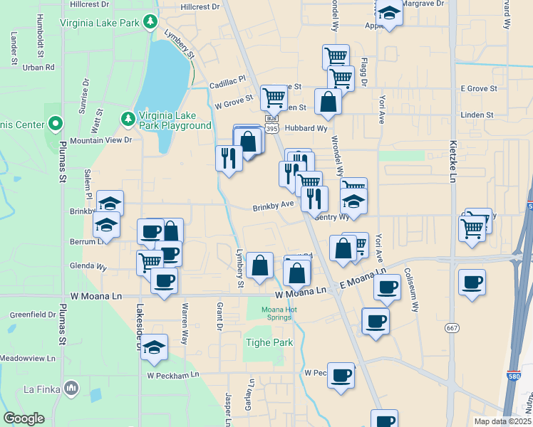 map of restaurants, bars, coffee shops, grocery stores, and more near 200 Brinkby Avenue in Reno