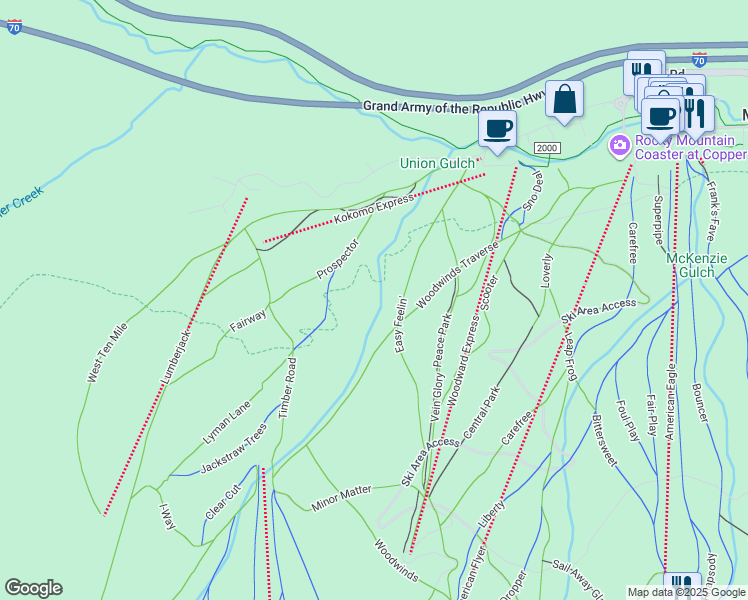 map of restaurants, bars, coffee shops, grocery stores, and more near Continental Divide Trail in Frisco