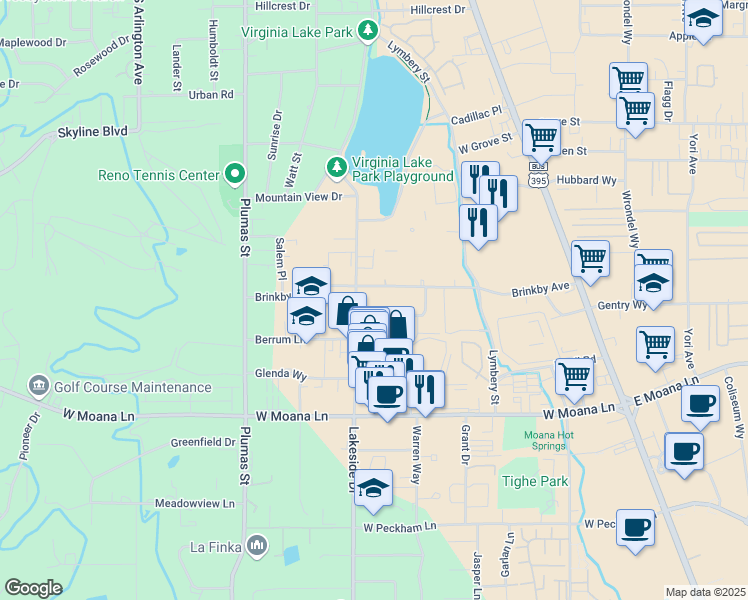 map of restaurants, bars, coffee shops, grocery stores, and more near 3050 Lakeside Drive in Reno