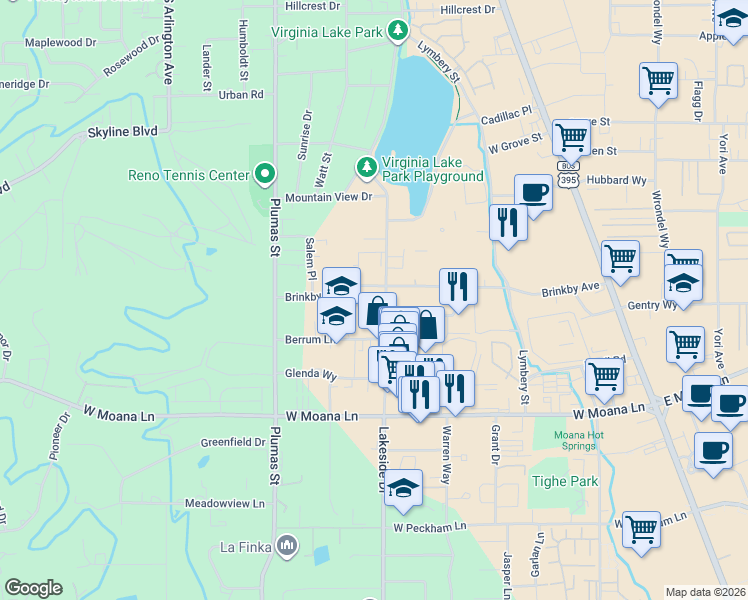 map of restaurants, bars, coffee shops, grocery stores, and more near 3095 Lakeside Drive in Reno