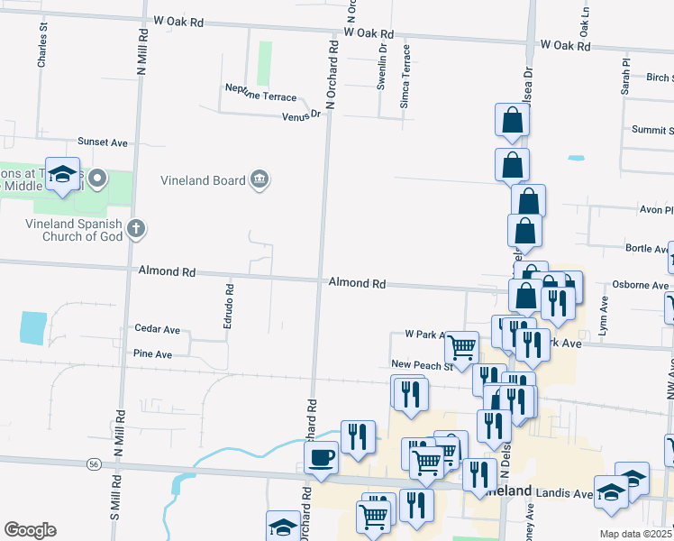 map of restaurants, bars, coffee shops, grocery stores, and more near 1390 Almond Road in Vineland