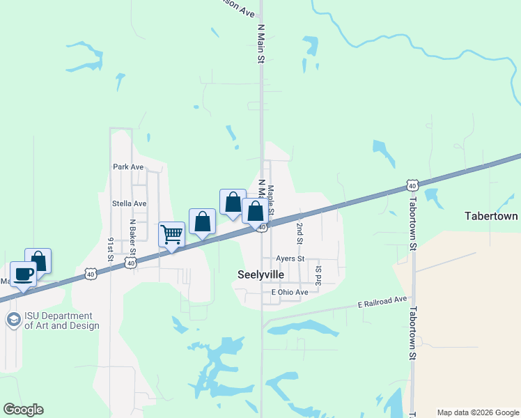 map of restaurants, bars, coffee shops, grocery stores, and more near 2301-2457 North Main Street in Terre Haute
