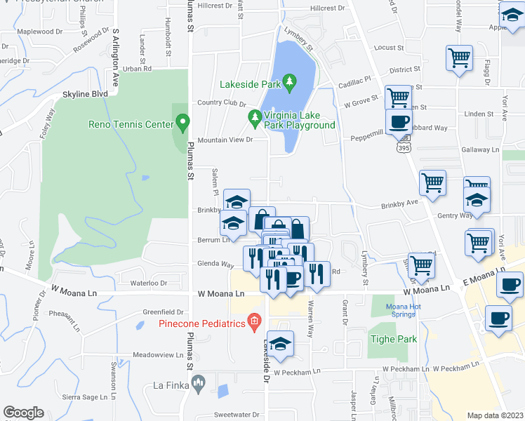 map of restaurants, bars, coffee shops, grocery stores, and more near 3095 Lakeside Drive in Reno
