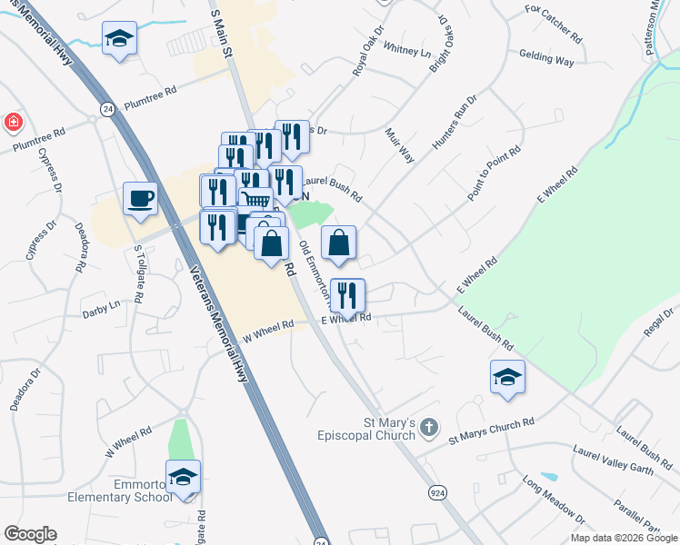 map of restaurants, bars, coffee shops, grocery stores, and more near 2227 Old Emmorton Road in Bel Air