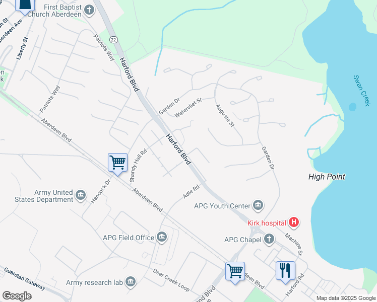 map of restaurants, bars, coffee shops, grocery stores, and more near 6295 Demby Drive in Aberdeen Proving Ground