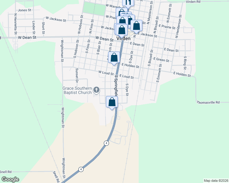 map of restaurants, bars, coffee shops, grocery stores, and more near 509 South Springfield Street in Virden
