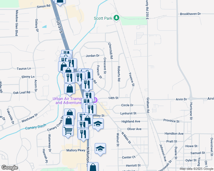 map of restaurants, bars, coffee shops, grocery stores, and more near 1454 Churchill Road in Franklin
