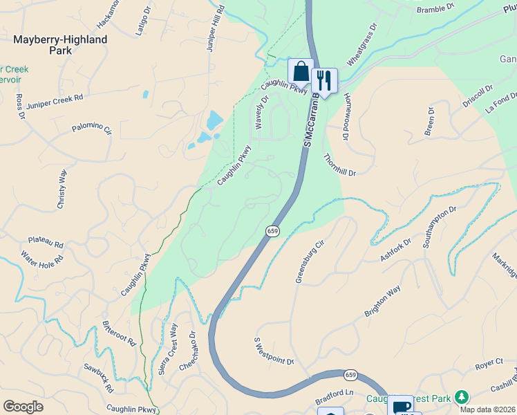 map of restaurants, bars, coffee shops, grocery stores, and more near 1660 Caughlin Creek Road in Reno