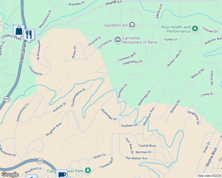 map of restaurants, bars, coffee shops, grocery stores, and more near 3340 Meridian Lane in Reno