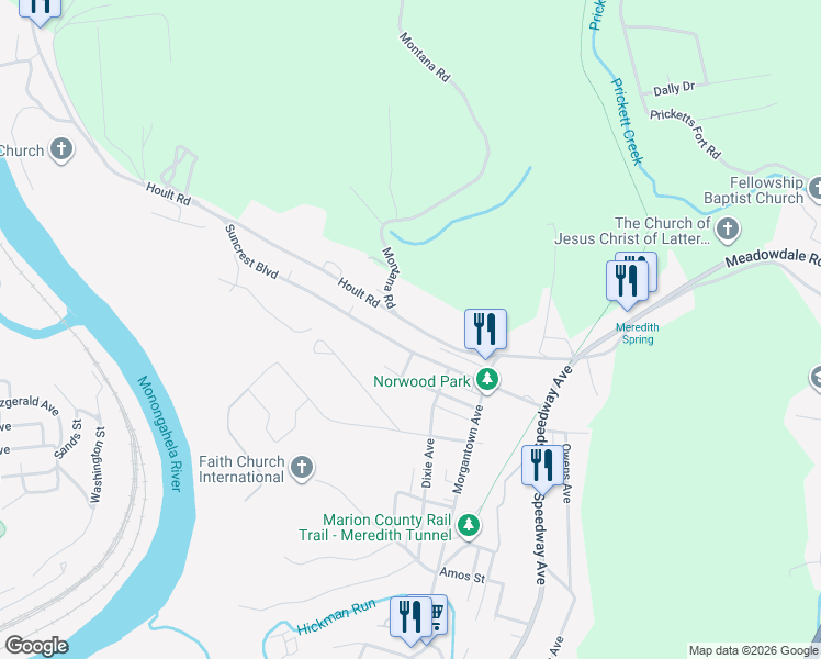 map of restaurants, bars, coffee shops, grocery stores, and more near 210-398 Poor Farm Road in Fairmont