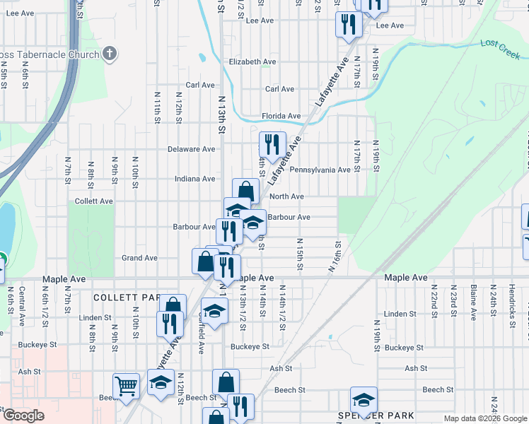 map of restaurants, bars, coffee shops, grocery stores, and more near 1359 Lafayette Avenue in Terre Haute