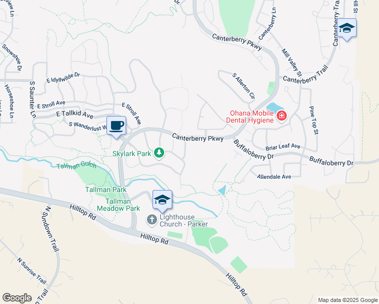 map of restaurants, bars, coffee shops, grocery stores, and more near 12201 South Windy Trail Lane in Parker