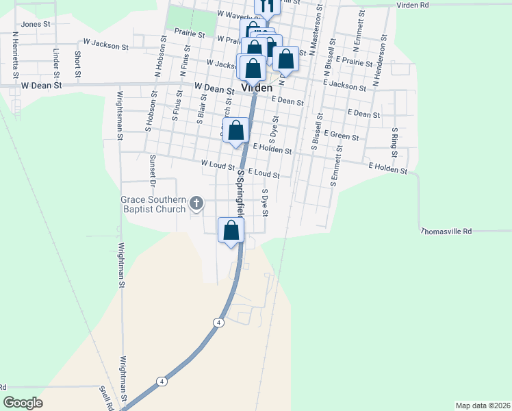 map of restaurants, bars, coffee shops, grocery stores, and more near 515 South Dye Street in Virden