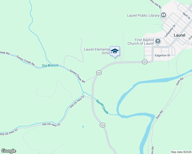 map of restaurants, bars, coffee shops, grocery stores, and more near 13471-13595 Indiana 121 in Laurel