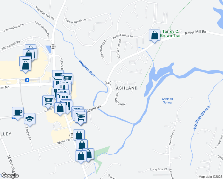 map of restaurants, bars, coffee shops, grocery stores, and more near 611 Maryland 145 in Cockeysville