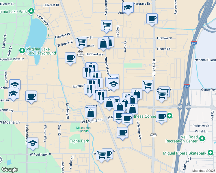 map of restaurants, bars, coffee shops, grocery stores, and more near 195 Gentry Way in Reno