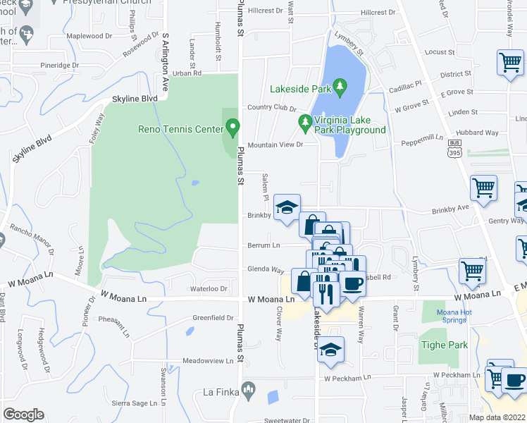 map of restaurants, bars, coffee shops, grocery stores, and more near 1200 Brinkby Avenue in Reno