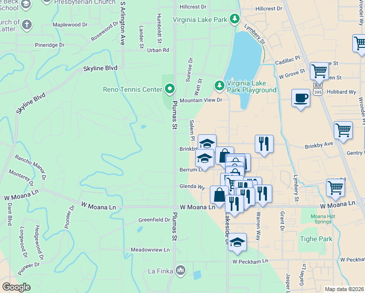 map of restaurants, bars, coffee shops, grocery stores, and more near 1300 Brinkby Avenue in Reno