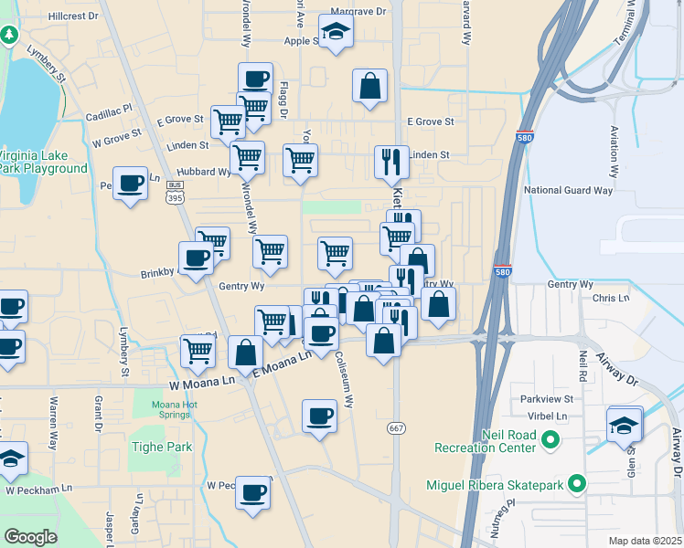 map of restaurants, bars, coffee shops, grocery stores, and more near 425-455 Gentry Way in Reno