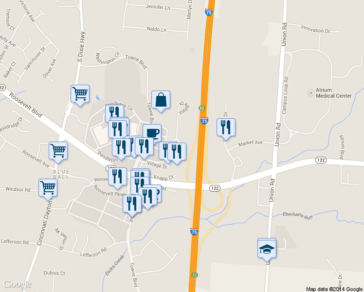 map of restaurants, bars, coffee shops, grocery stores, and more near 3590 Village Drive in Middletown