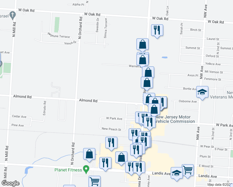 map of restaurants, bars, coffee shops, grocery stores, and more near 1112 Almond Road in Vineland