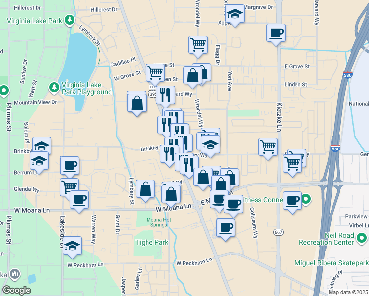map of restaurants, bars, coffee shops, grocery stores, and more near 159 Gentry Way in Reno