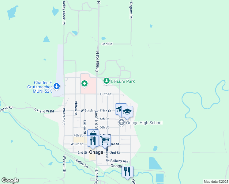 map of restaurants, bars, coffee shops, grocery stores, and more near 214 East 8th Street in Onaga