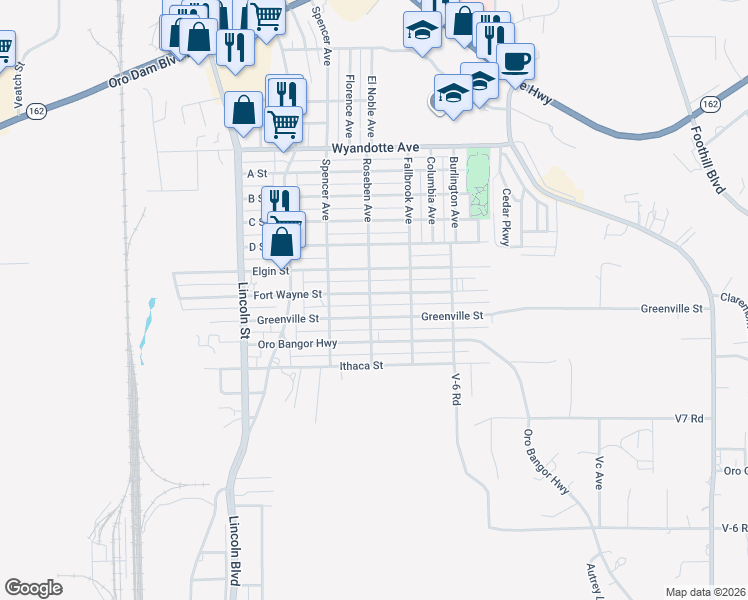 map of restaurants, bars, coffee shops, grocery stores, and more near 2415 Fort Wayne Street in Oroville