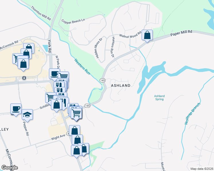 map of restaurants, bars, coffee shops, grocery stores, and more near 200 Ashland Road in Cockeysville