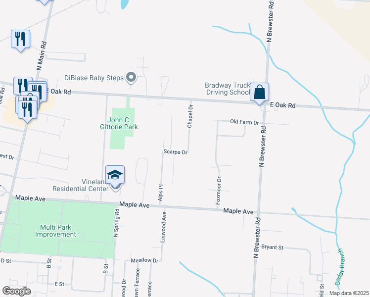map of restaurants, bars, coffee shops, grocery stores, and more near 2308 Scarpa Drive in Vineland