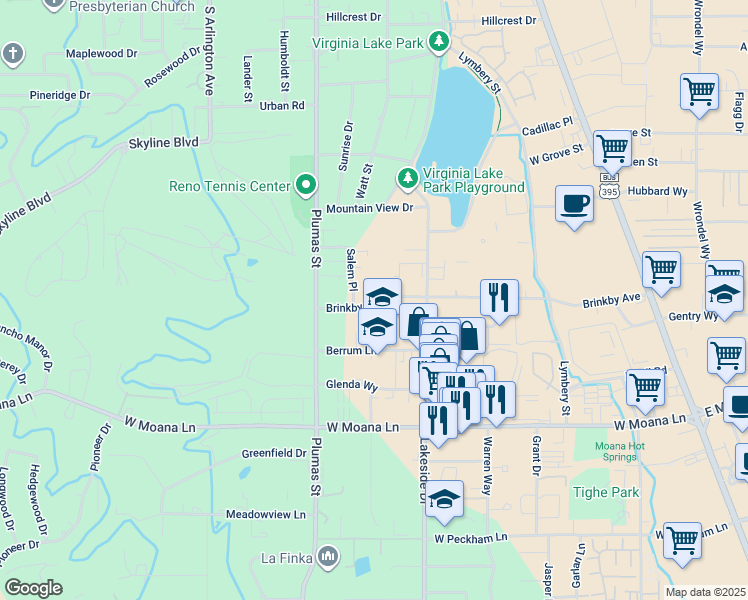 map of restaurants, bars, coffee shops, grocery stores, and more near 1057 Brinkby Avenue in Reno