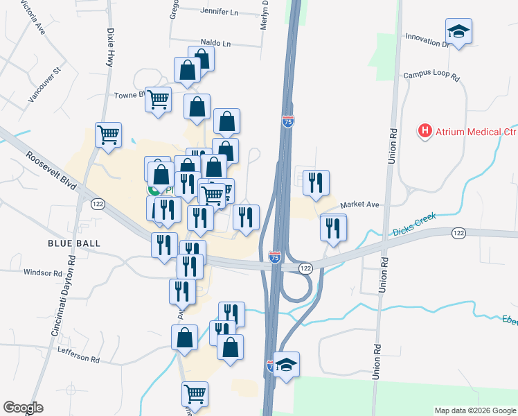map of restaurants, bars, coffee shops, grocery stores, and more near 3590 Village Drive in Middletown
