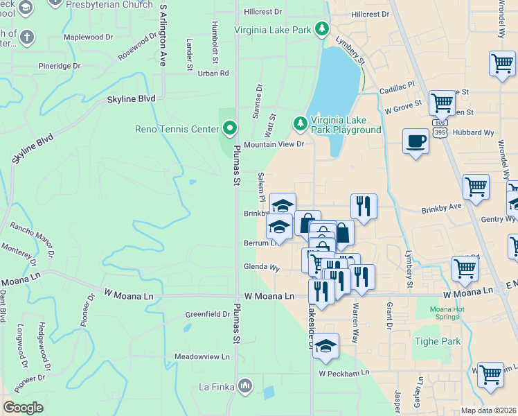 map of restaurants, bars, coffee shops, grocery stores, and more near 1205 Brinkby Avenue in Reno