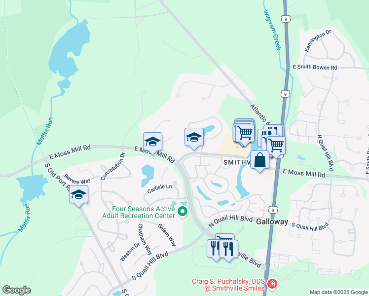 map of restaurants, bars, coffee shops, grocery stores, and more near 3 North Kendall Court in Galloway