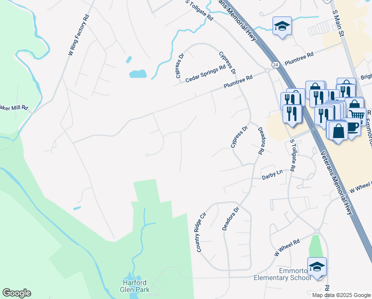 map of restaurants, bars, coffee shops, grocery stores, and more near 2007 Royal Fern Court in Bel Air