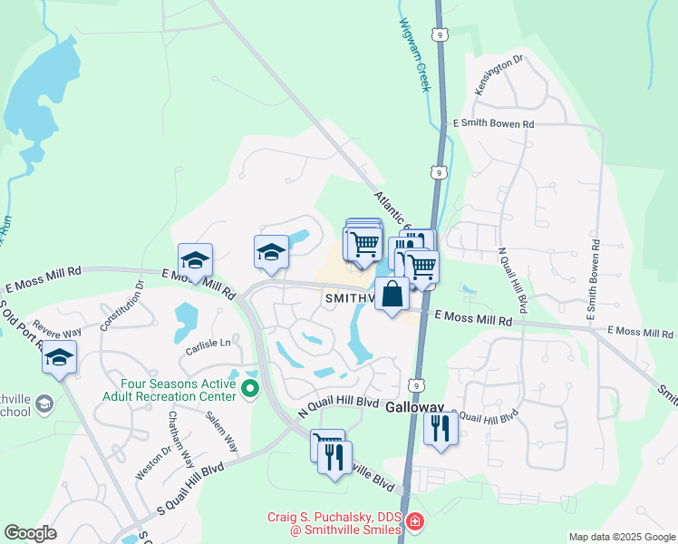 map of restaurants, bars, coffee shops, grocery stores, and more near 649 East Moss Mill Road in Galloway