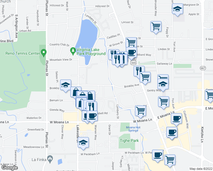 map of restaurants, bars, coffee shops, grocery stores, and more near 580 Brinkby Avenue in Reno