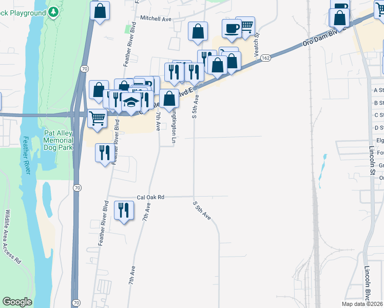 map of restaurants, bars, coffee shops, grocery stores, and more near 2620 5th Street in Oroville