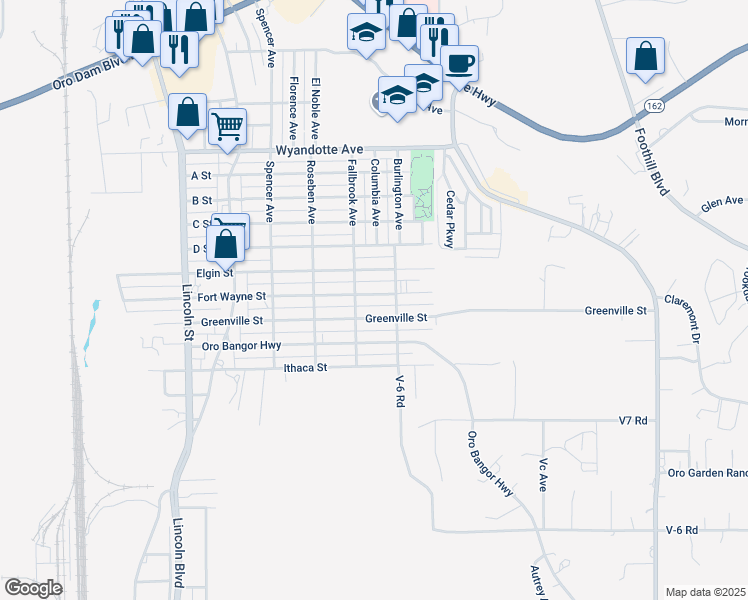 map of restaurants, bars, coffee shops, grocery stores, and more near 2689 Fort Wayne Street in Oroville