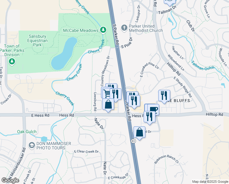 map of restaurants, bars, coffee shops, grocery stores, and more near 19783 Glendale Lane in Parker