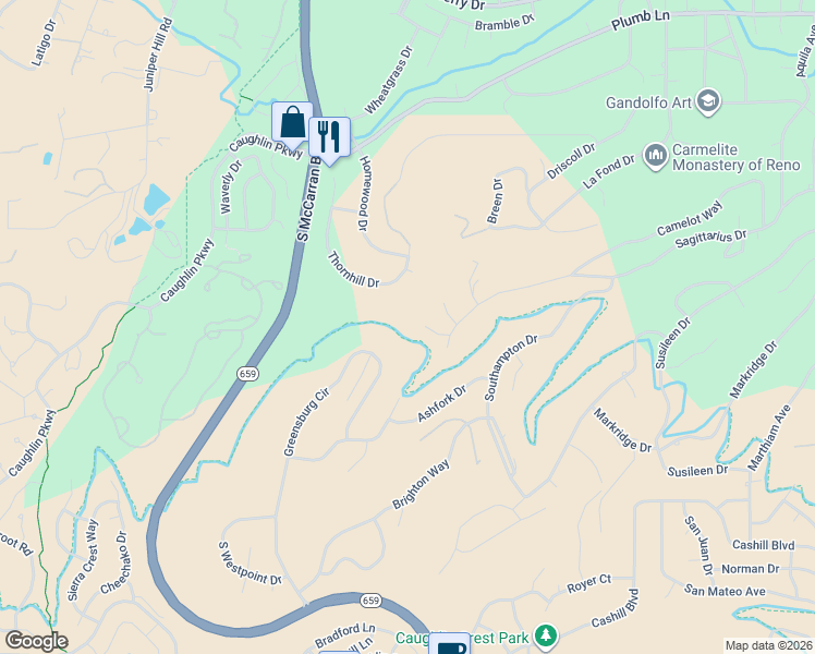 map of restaurants, bars, coffee shops, grocery stores, and more near 40 Sagittarius Court in Reno