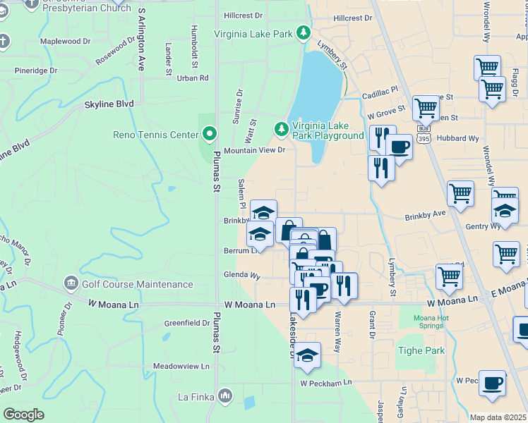map of restaurants, bars, coffee shops, grocery stores, and more near 1057 Brinkby Avenue in Reno