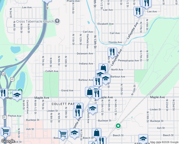 map of restaurants, bars, coffee shops, grocery stores, and more near 2321 Garfield Avenue in Terre Haute