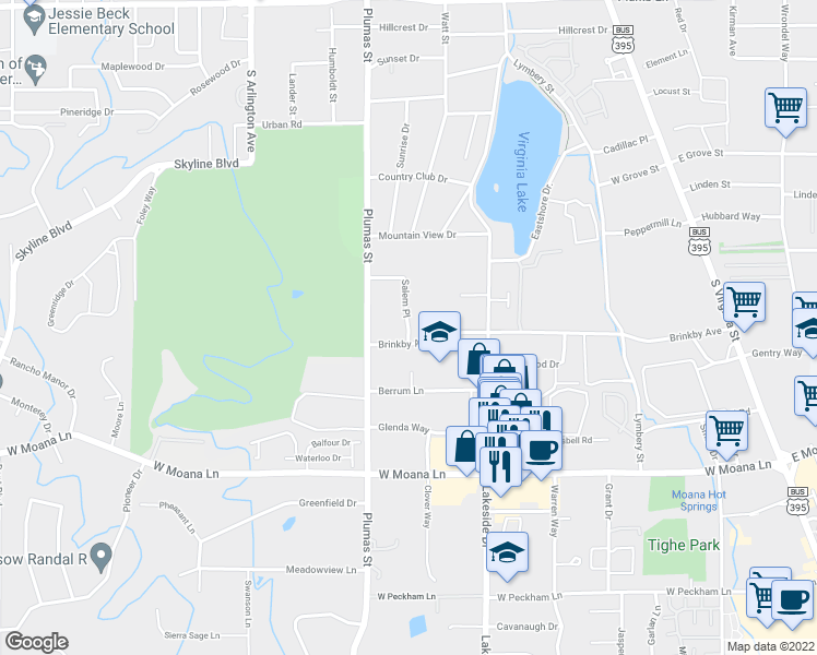 map of restaurants, bars, coffee shops, grocery stores, and more near 2960 Salem Place in Reno