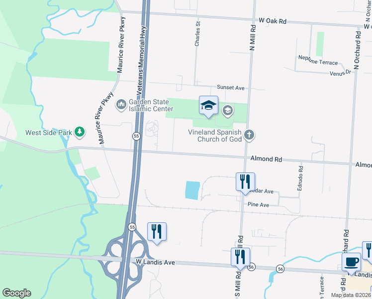 map of restaurants, bars, coffee shops, grocery stores, and more near 2173 Almond Road in Vineland
