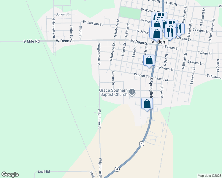 map of restaurants, bars, coffee shops, grocery stores, and more near 520 West Wright Street in Virden